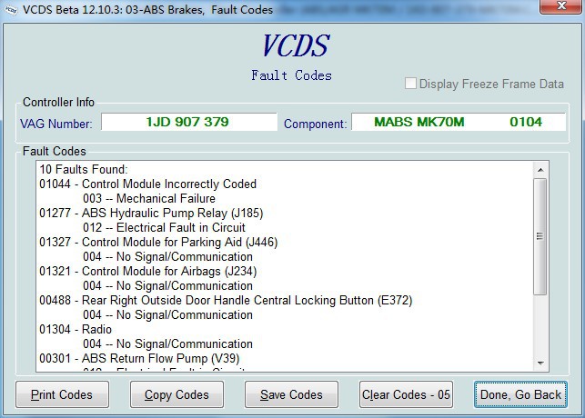 vag com VCDSのベータ12.10.3のABSブレーキ欠陥コード