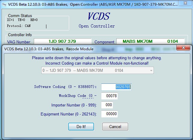 vag com VCDSのベータ12.10.3のABSブレーキはコントローラーを開けます